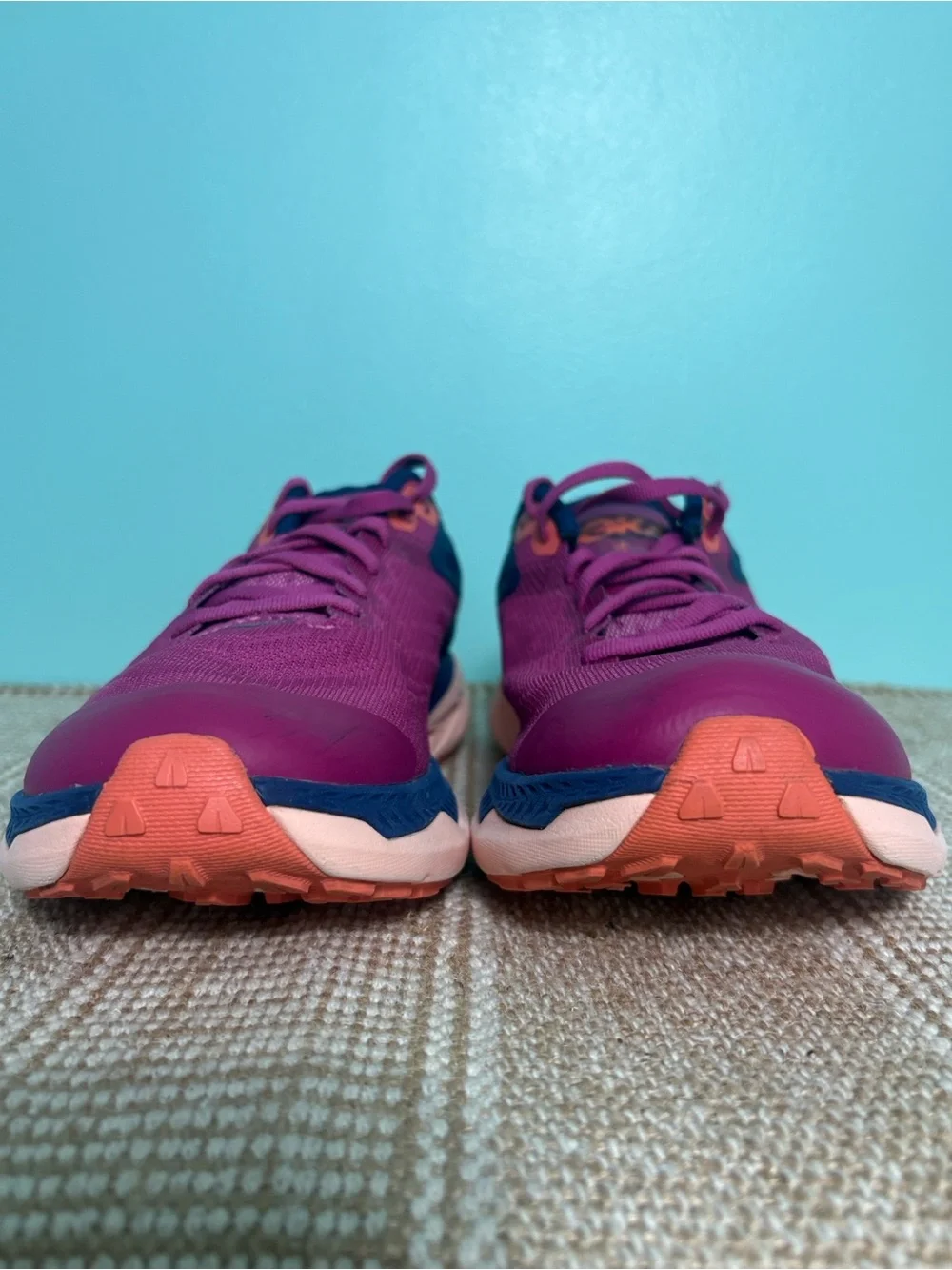 Hoka Women's Zinal Trail Running Shoe. Fuchsia/Navy Blue/Orange Accents. Size-7